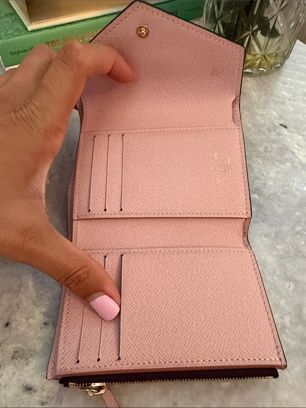 Louis Vuitton Damier Ebene Compact Wallet with Pink Snap